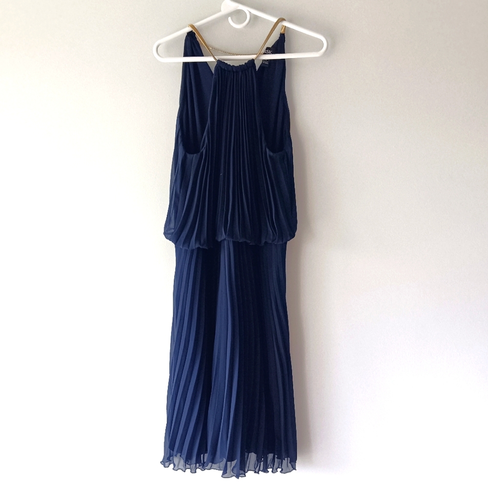 MSK Pleated Halter Sleeveless Midi Dress Navy Blue Gold Snake Chain Size 16